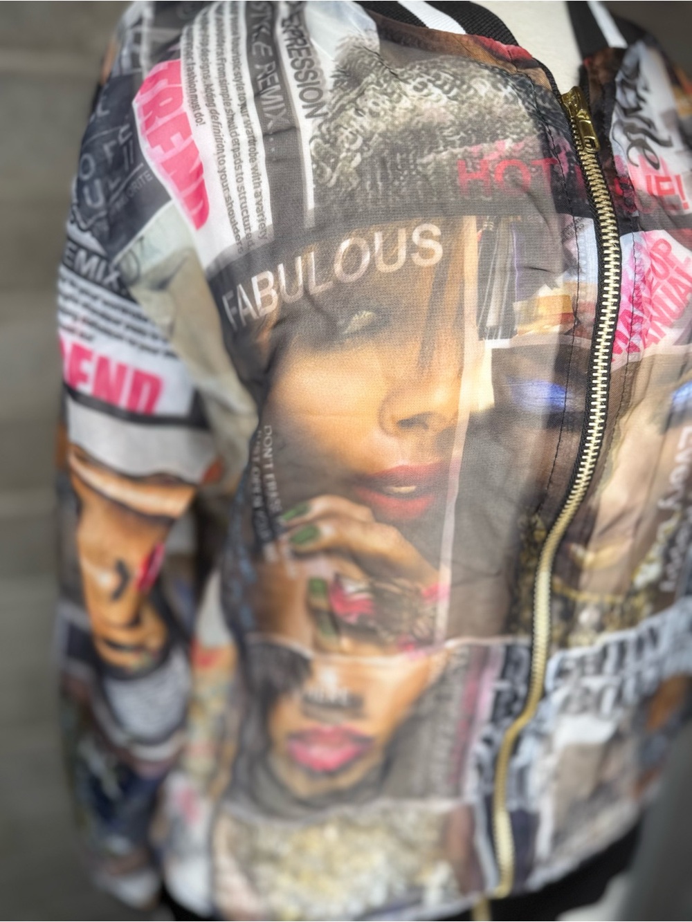 Blush Brown Multi Graphic Collage Bomber Jacket - Picture 6 of 14